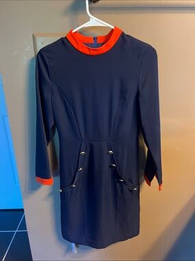 BURRYCO Navy Long-Sleeve Shift Dress with Red Trim NWT